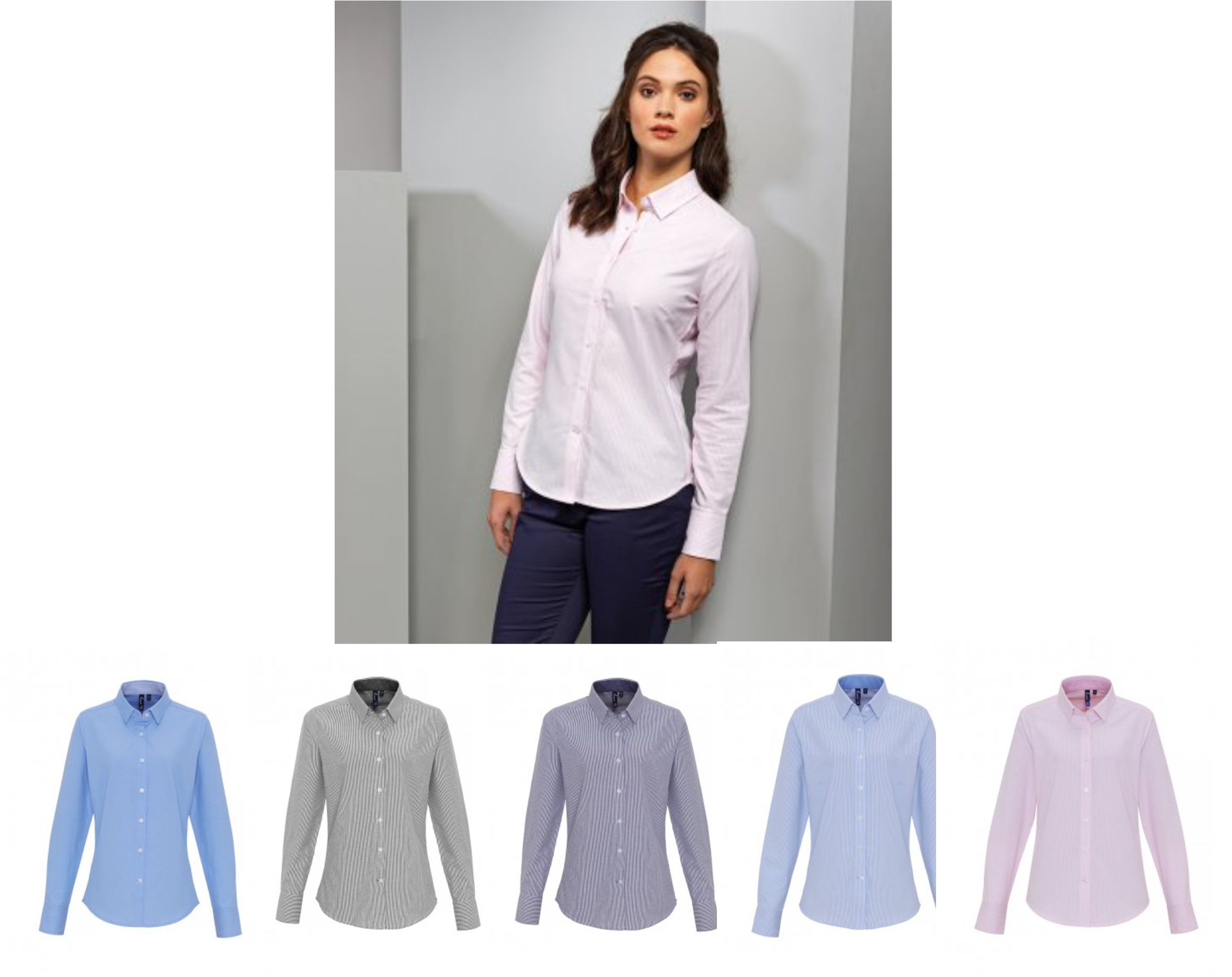 Premier PR338 Ladies Long Sleeve Striped Oxford Shirts - Click Image to Close